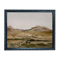 The image is a framed painting depicting a rural landscape with rolling hills, a small village, and a few buildings.