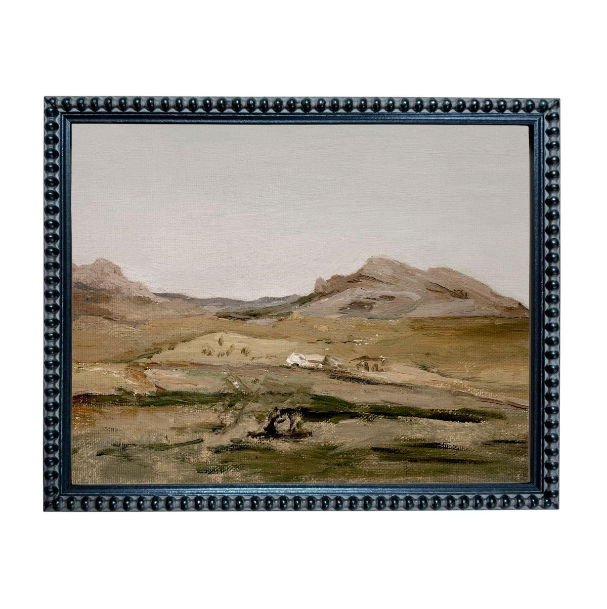 The image is a framed painting depicting a rural landscape with rolling hills, a small village, and a few buildings.