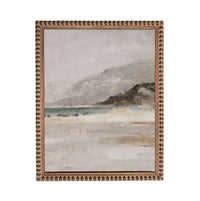 The image is a framed painting depicting a serene landscape with a body of water and mountains in the background.