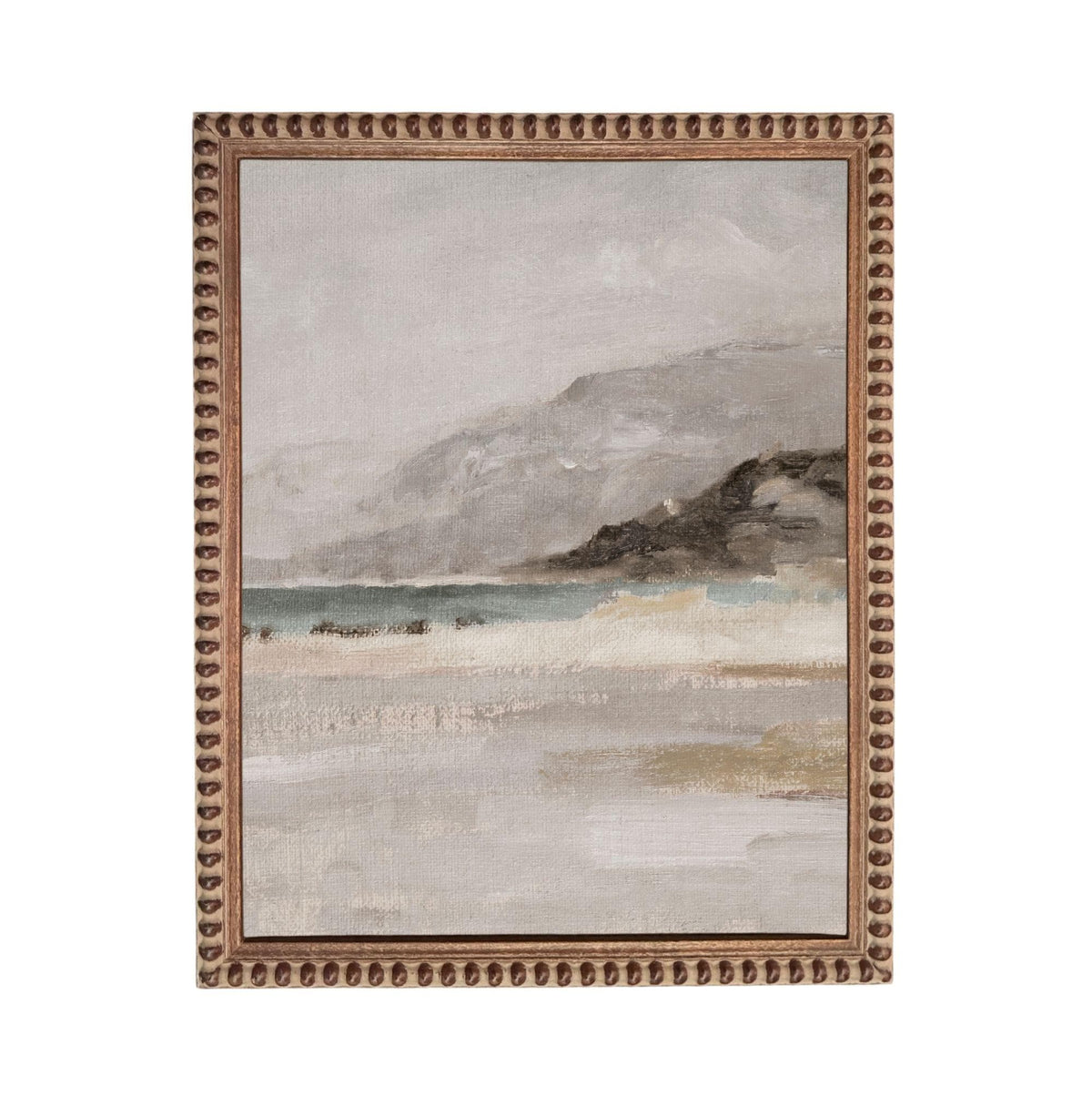 The image is a framed painting depicting a serene landscape with a body of water and mountains in the background.