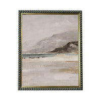 The image is a framed painting depicting a serene landscape with a body of water and mountains in the background.