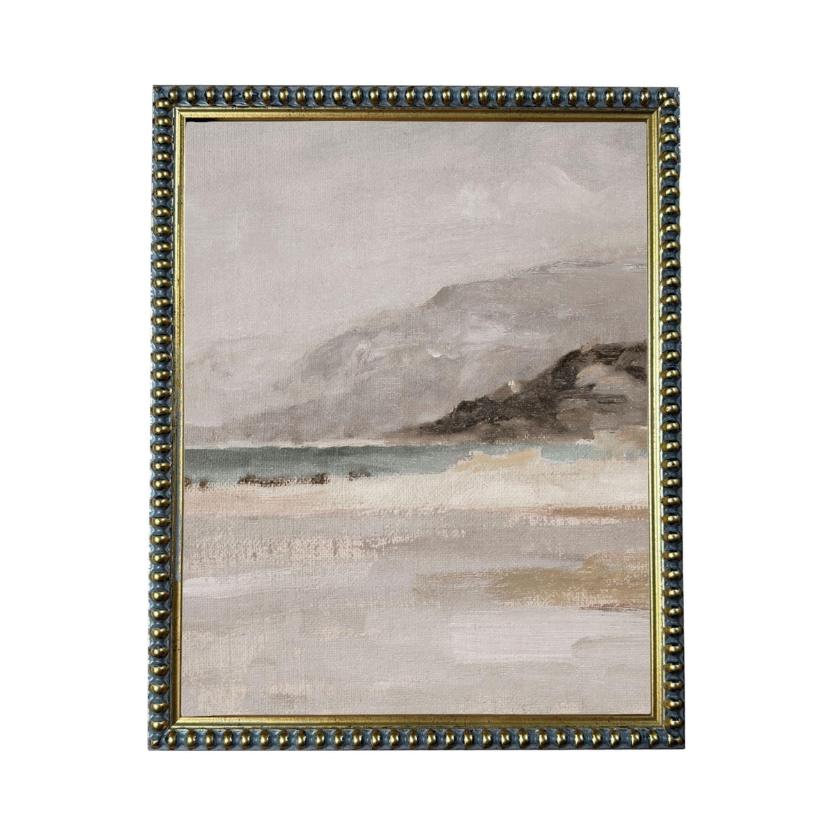 The image is a framed painting depicting a serene landscape with a body of water and mountains in the background.
