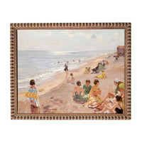 The image is an oil painting depicting a lively beach scene with people enjoying the sun, sand, and water.