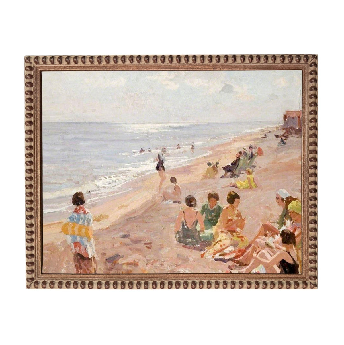 The image is an oil painting depicting a lively beach scene with people enjoying the sun, sand, and water.