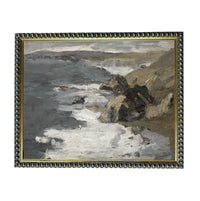 The image is a painting of a rocky coastline with crashing waves, set against a cloudy sky.