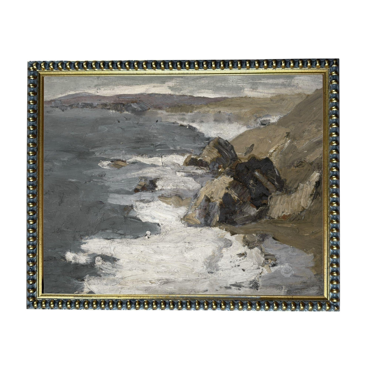 The image is a painting of a rocky coastline with crashing waves, set against a cloudy sky.