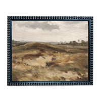 The image is a framed painting depicting a landscape with rolling hills, trees, and a cloudy sky.
