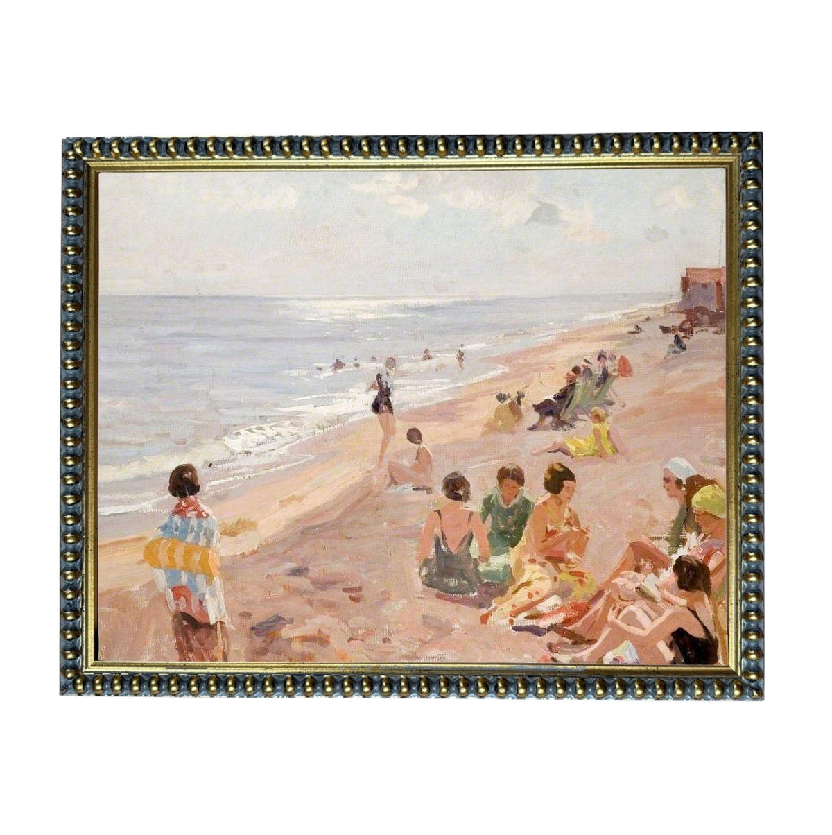 The image is a painting depicting a lively beach scene with people enjoying various activities, such as swimming, sunbathing, and socializing.