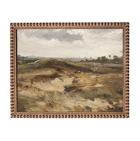 The image is a painting of a landscape with a cloudy sky, depicting a field with hills and trees in the background.