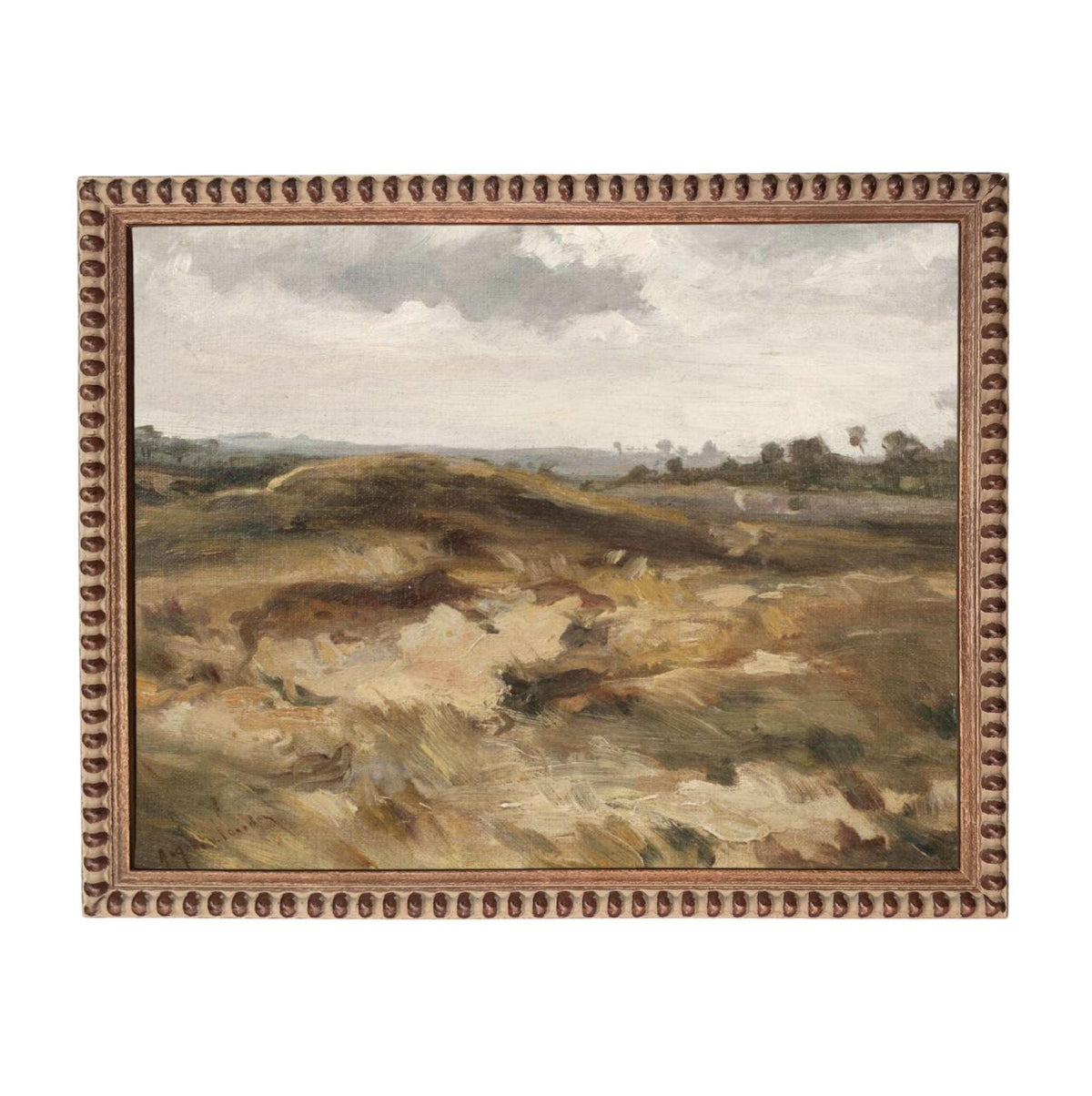 The image is a painting of a landscape with a cloudy sky, depicting a field with hills and trees in the background.