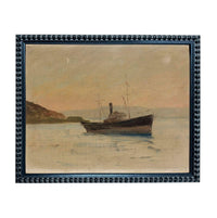 a boat sailing on a body of water, with a hazy sky in the background.