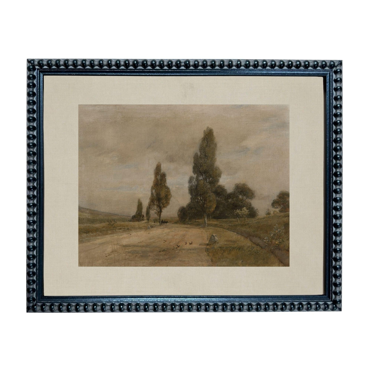 The image is a framed painting depicting a serene landscape with trees, a winding road, and a cloudy sky.