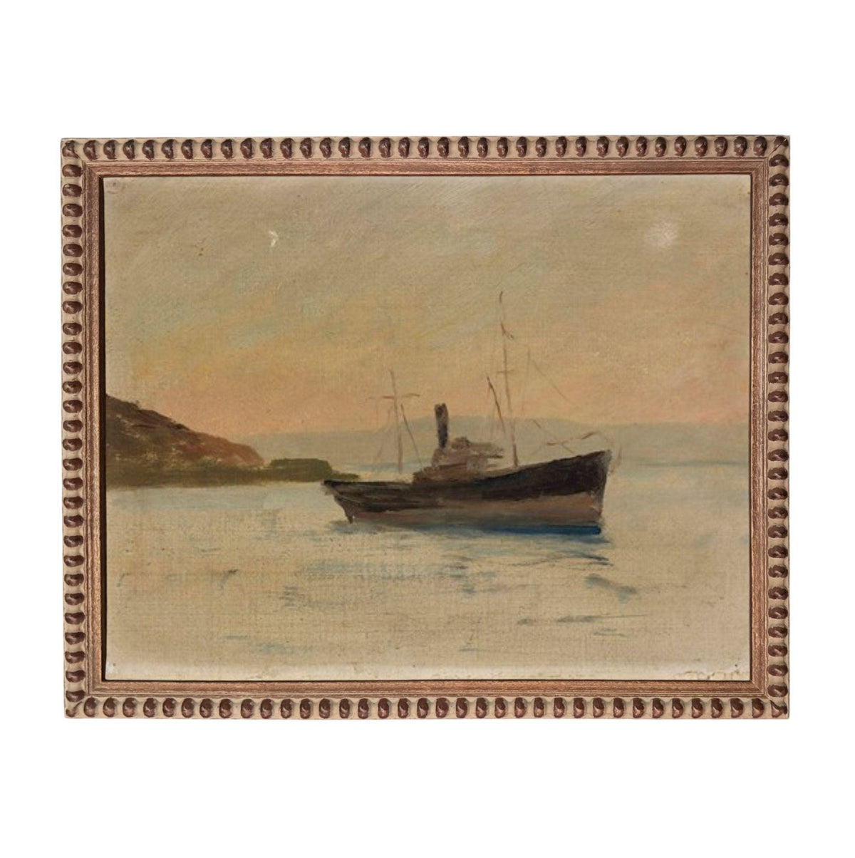 a boat sailing on a body of water, with a rocky coastline in the background.