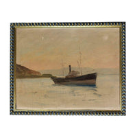a boat sailing on a body of water, with a rocky coastline in the background.