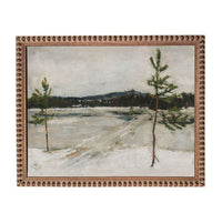 The image is an oil painting depicting a snowy landscape with two trees in the foreground.