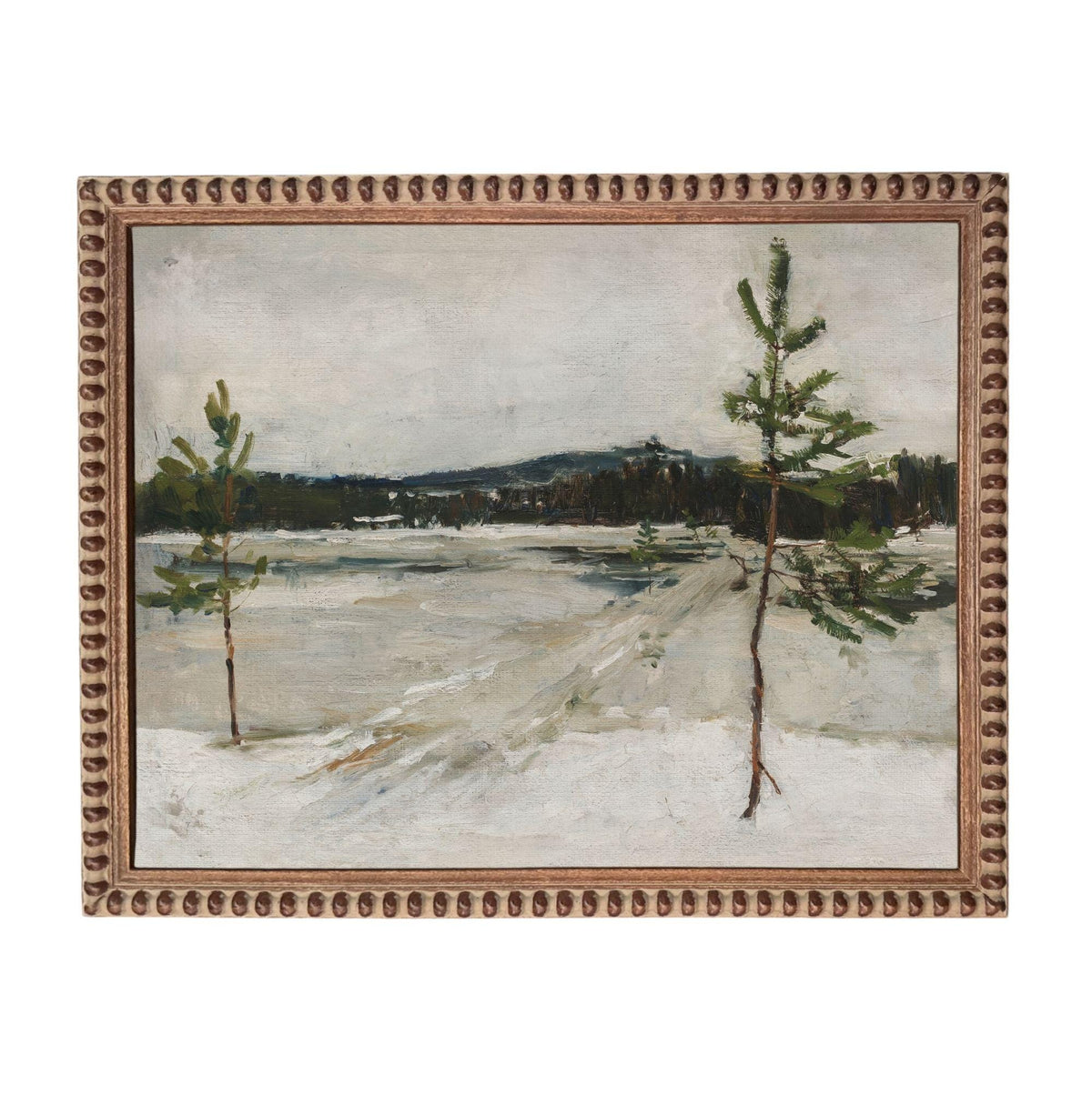 The image is an oil painting depicting a snowy landscape with two trees in the foreground.