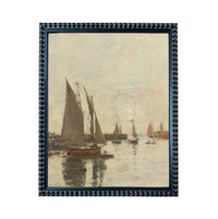 a serene scene of sailboats on the water, with their sails billowing in the wind and their hulls gently bobbing on the surface.