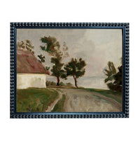 The image is a framed painting depicting a rural landscape with a road, trees, and a house.