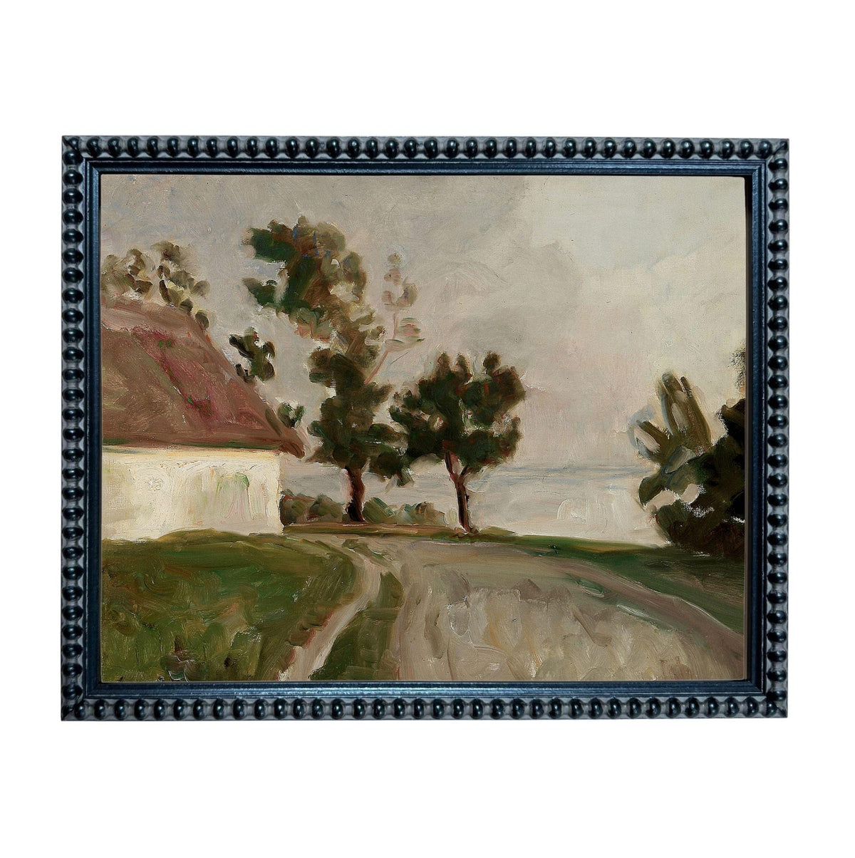 The image is a framed painting depicting a rural landscape with a road, trees, and a house.