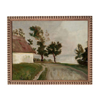 The image is an oil painting depicting a rural landscape with a road, trees, and a house.