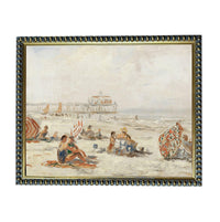 The image is an oil painting depicting a beach scene with people relaxing and enjoying the day.
