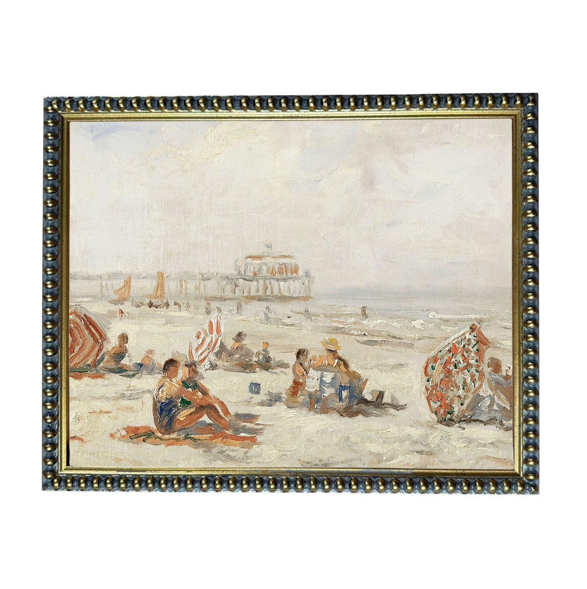 The image is an oil painting depicting a beach scene with people relaxing and enjoying the day.