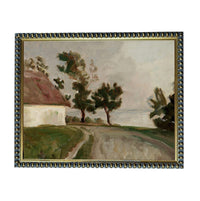 The image is an oil painting depicting a rural landscape with a road, trees, and a house.