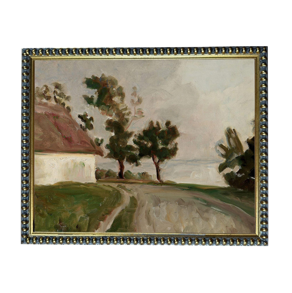 The image is an oil painting depicting a rural landscape with a road, trees, and a house.