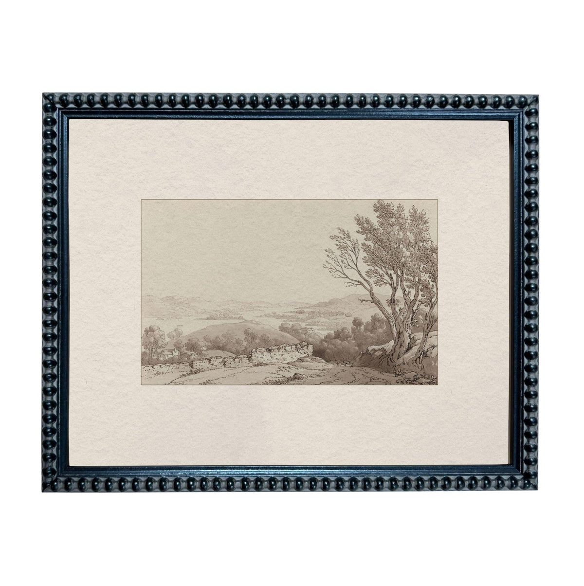 The image is a framed print depicting a rural landscape with a road, trees, and buildings in the distance.