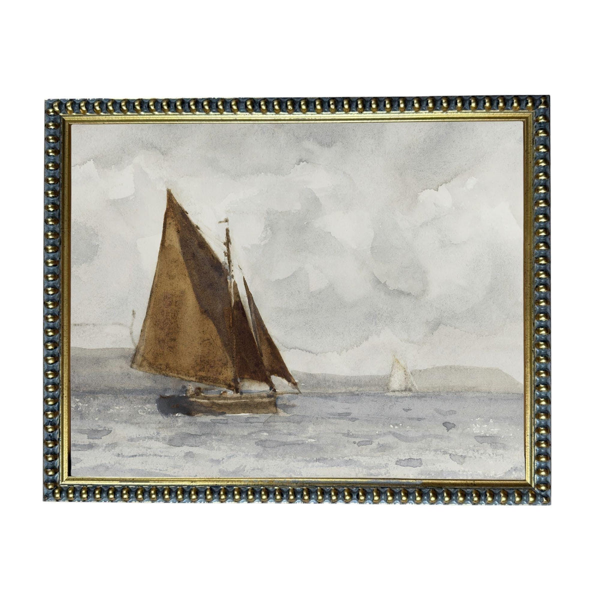 A painting of a sailboat on the water, with a cloudy sky in the background.