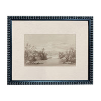 The image is a framed print depicting a serene landscape with a river, trees, and a house in the distance.