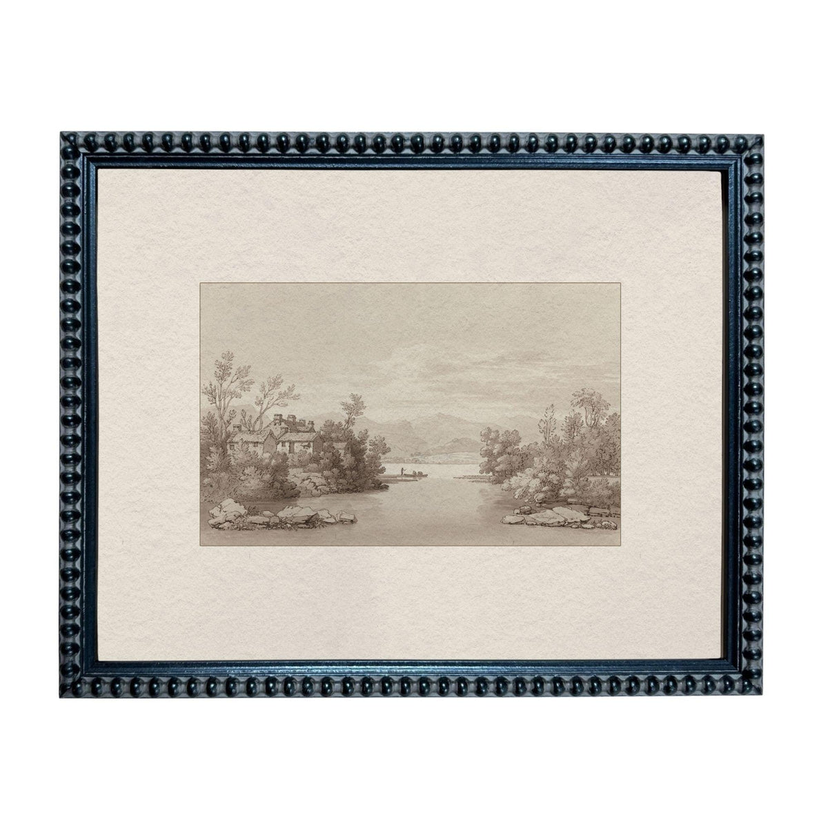 The image is a framed print depicting a serene landscape with a river, trees, and a house in the distance.