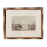 The image is a framed print depicting a serene landscape with a river, trees, and a small boat on the water.