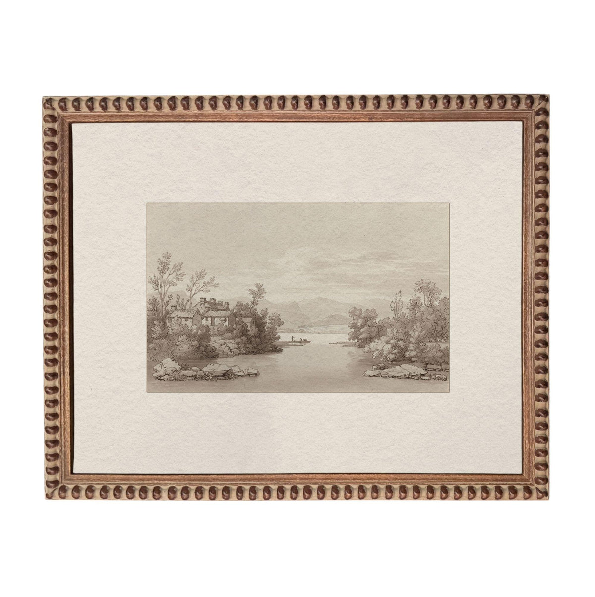 The image is a framed print depicting a serene landscape with a river, trees, and a small boat on the water.