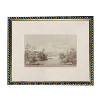 The image is a framed print depicting a serene landscape with a river, trees, and a house in the distance.