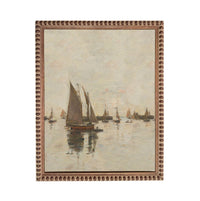 a serene scene of sailboats on the water, with their sails billowing in the wind and their hulls gently bobbing on the surface.