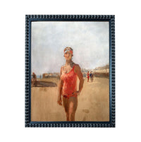 The image is a framed painting depicting a woman in a red swimsuit standing on a beach, with other people visible in the background.