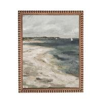 The image is a painting of a beach scene with a sailboat in the distance.
