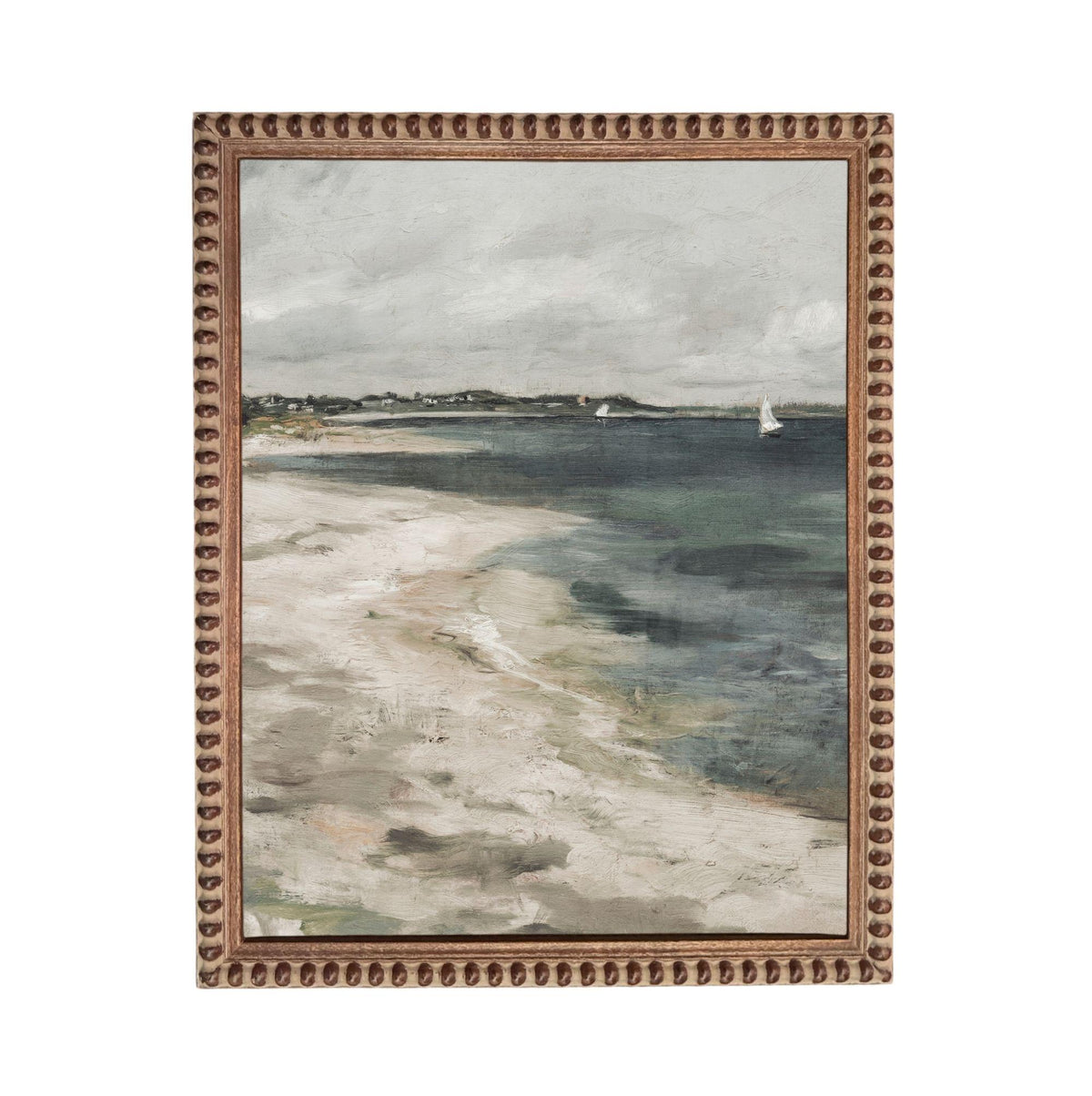 The image is a painting of a beach scene with a sailboat in the distance.