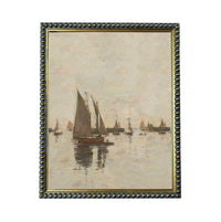 a serene scene of sailboats on the water, with their sails billowing in the wind and their hulls gently bobbing on the surface.