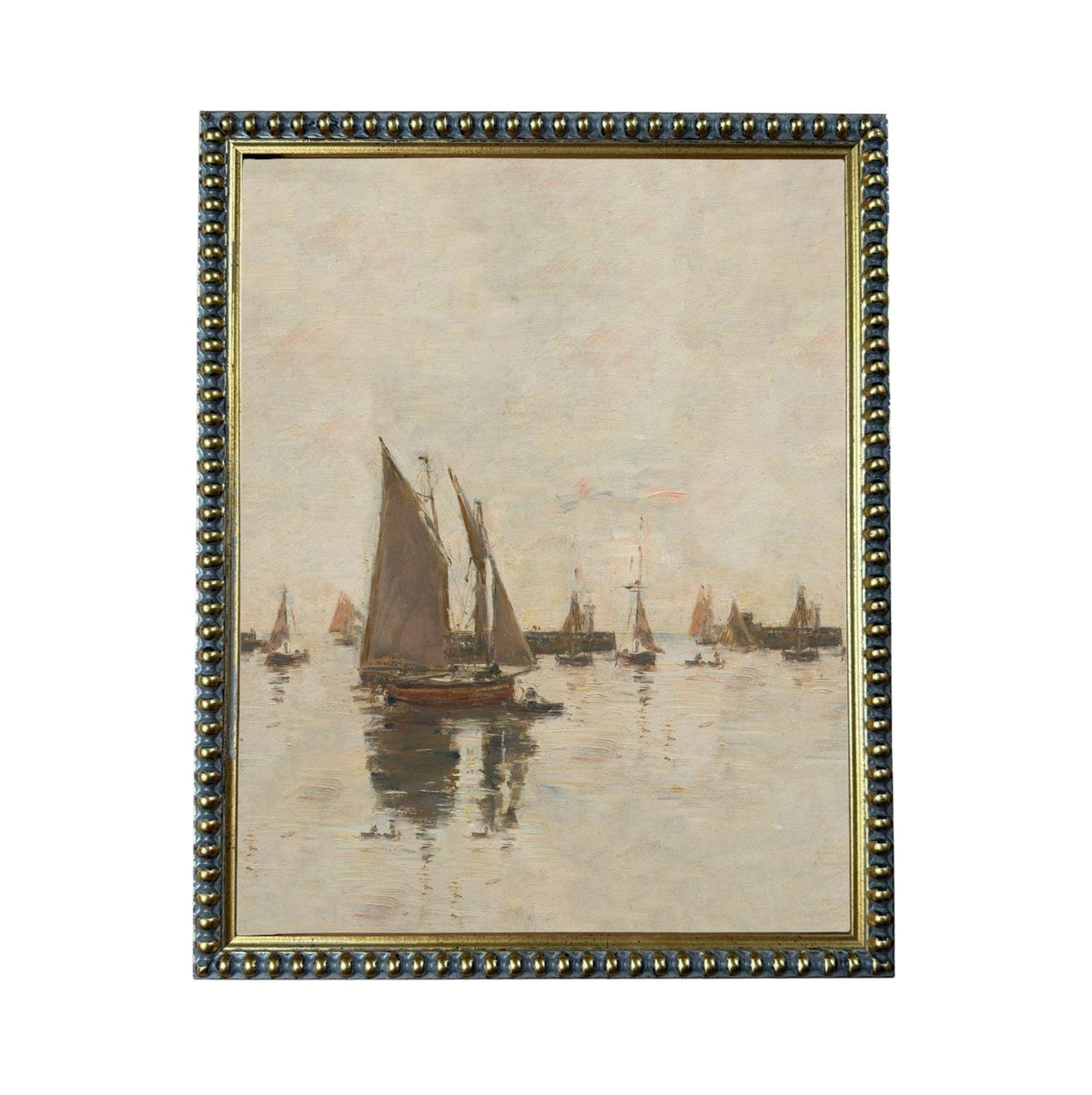 a serene scene of sailboats on the water, with their sails billowing in the wind and their hulls gently bobbing on the surface.