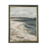 The image is a framed painting depicting a serene beach scene with a sailboat in the distance.