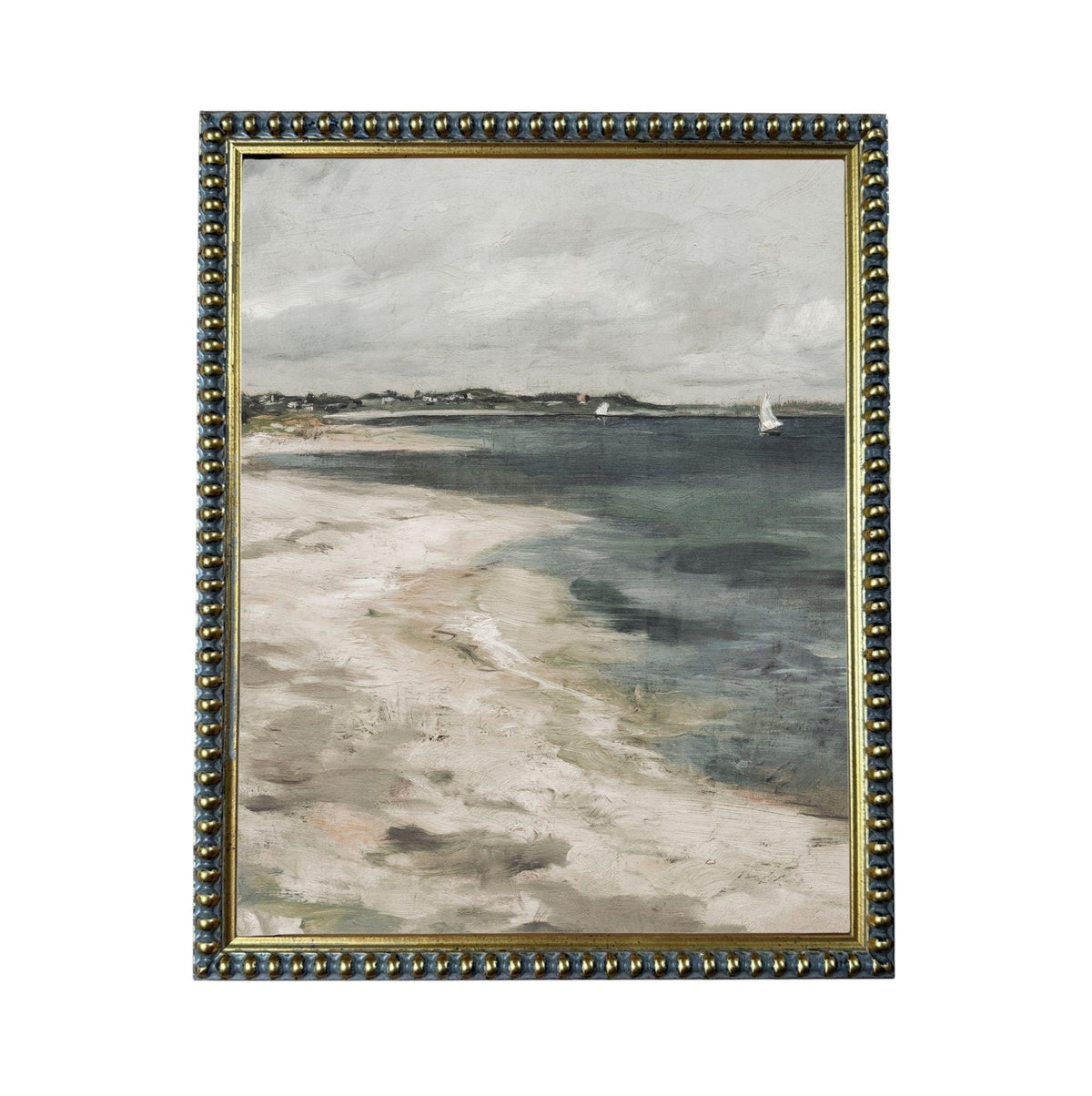 The image is a framed painting depicting a serene beach scene with a sailboat in the distance.