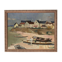 The image is an oil painting depicting a coastal scene with boats on the shore and buildings in the background.