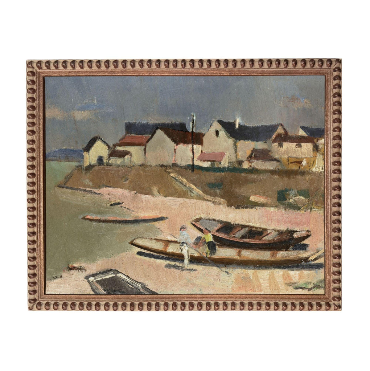 The image is an oil painting depicting a coastal scene with boats on the shore and buildings in the background.