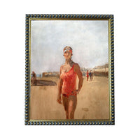 The image is a painting of a woman wearing a red swimsuit, standing on a beach with a cloudy sky in the background.