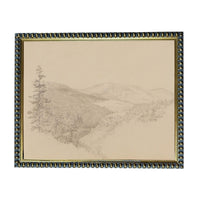 A framed landscape drawing depicting a mountainous, forested area.