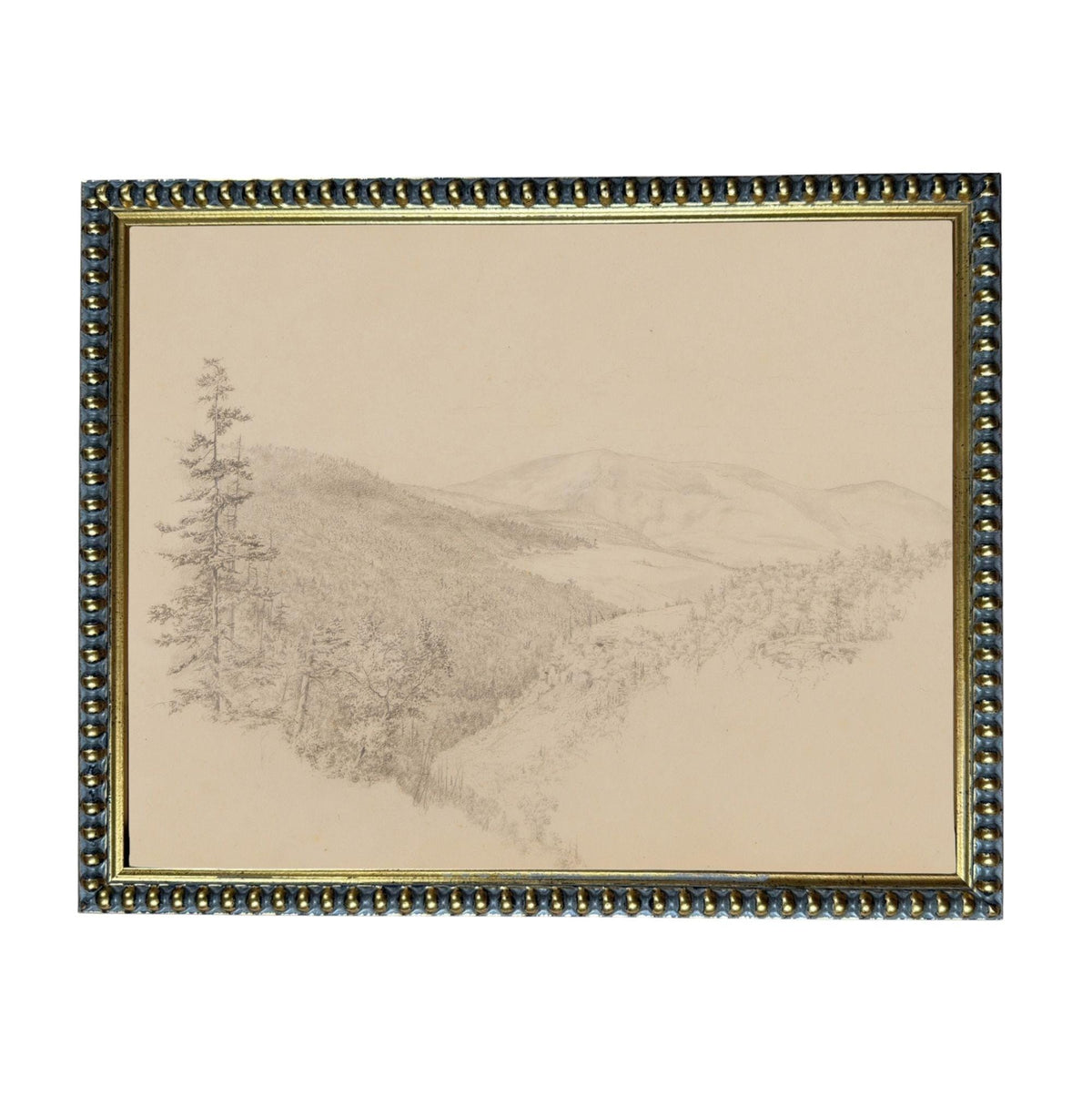 A framed landscape drawing depicting a mountainous, forested area.