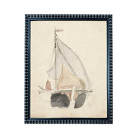 A framed painting depicting a sailboat on the water.