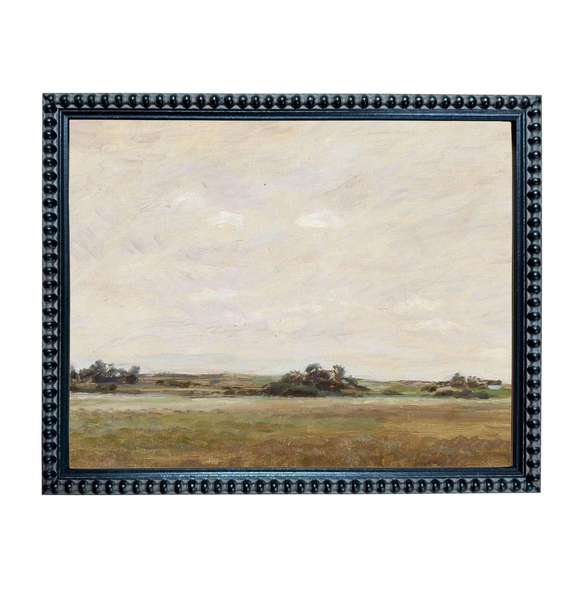 The image is a framed painting depicting a serene landscape with a field, trees, and a cloudy sky.